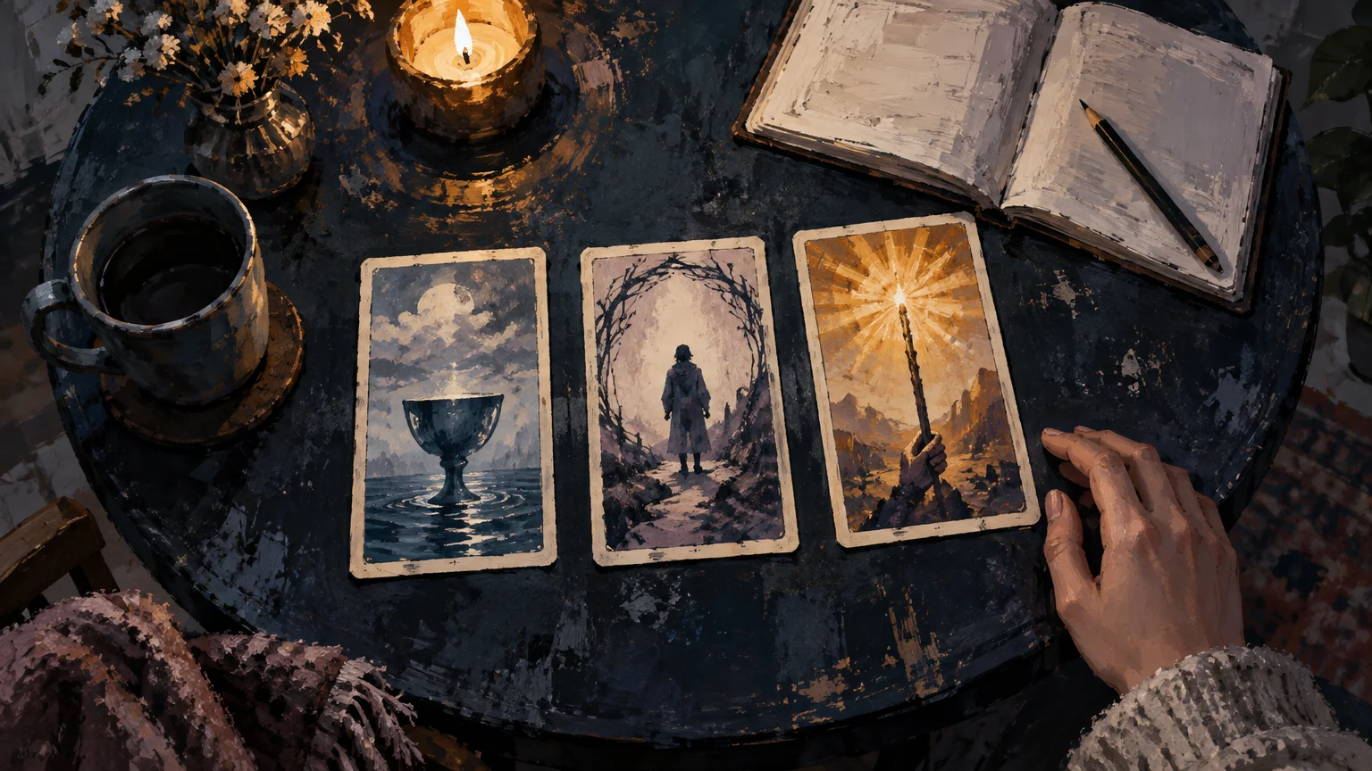 Painterly overhead view of a dark round table with three illustrated tarot-style cards, a lit candle, a cup, dried flowers, an open notebook with pencil, and a person’s hand beside the cards.