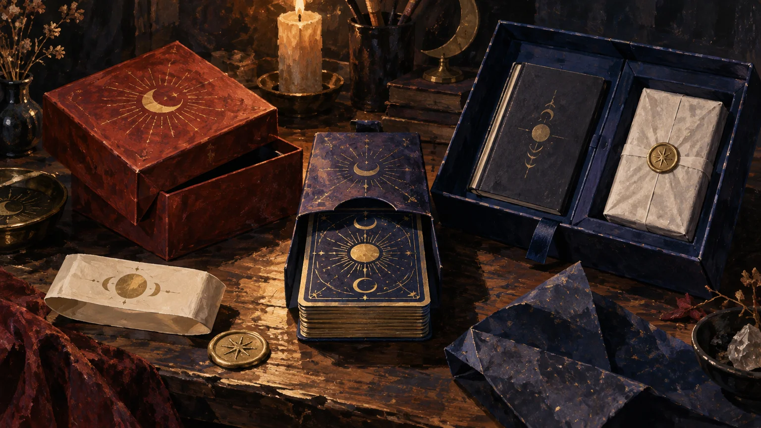 Painterly still life of several tarot deck packaging styles on a worn wooden table, including a red lift-off box, an open blue hinged box, a tuck box holding cards, wrapped decks, a candle, and moon-and-star motifs.