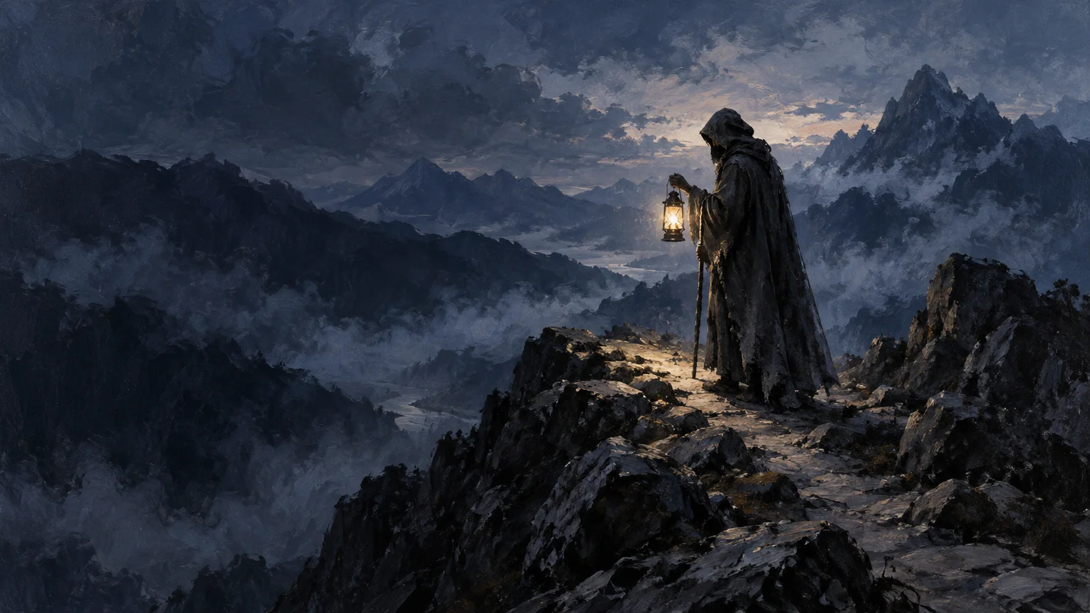 A hooded solitary figure holds a glowing lantern and walking staff on a rocky mountain ridge above a misty valley under a dark, clouded sky.