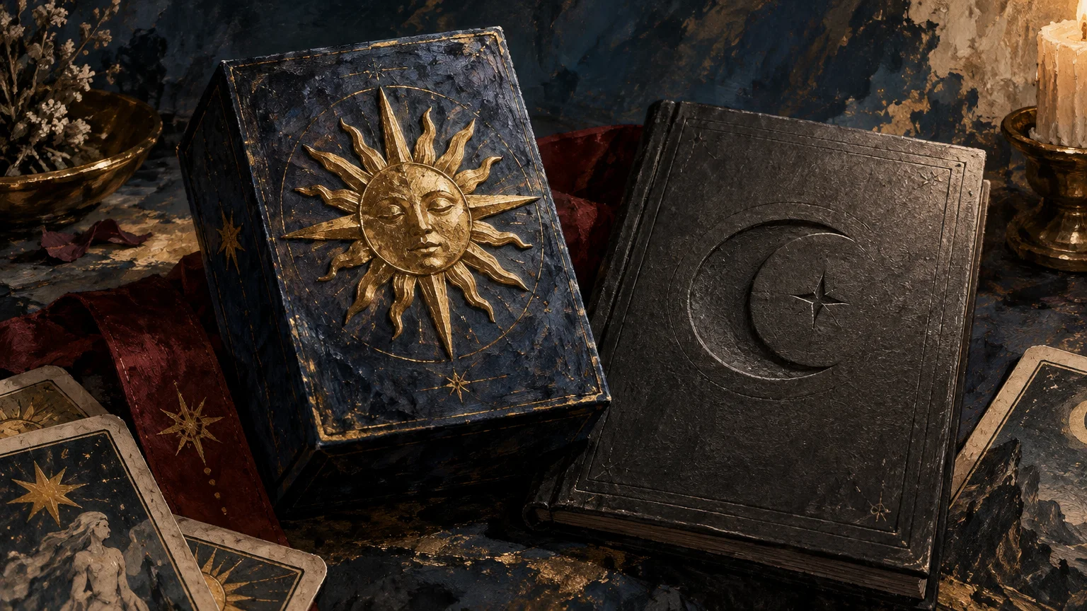 Dark, textured tarot box with a raised gold sun-face emblem beside a black guidebook cover with a recessed crescent moon and star design, surrounded by loose illustrated cards, red fabric, and candlelit brass objects.