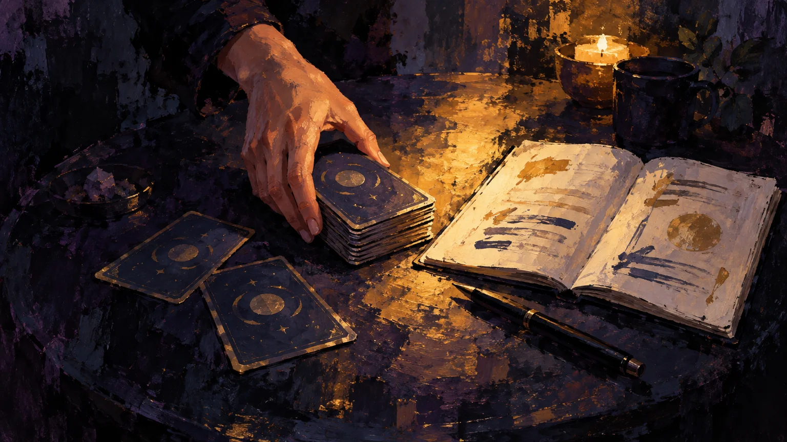 Painterly overhead scene of a hand gathering a dark blue, moon-and-stars card deck beside an open journal, pen, candle, and mug on a warmly lit table.