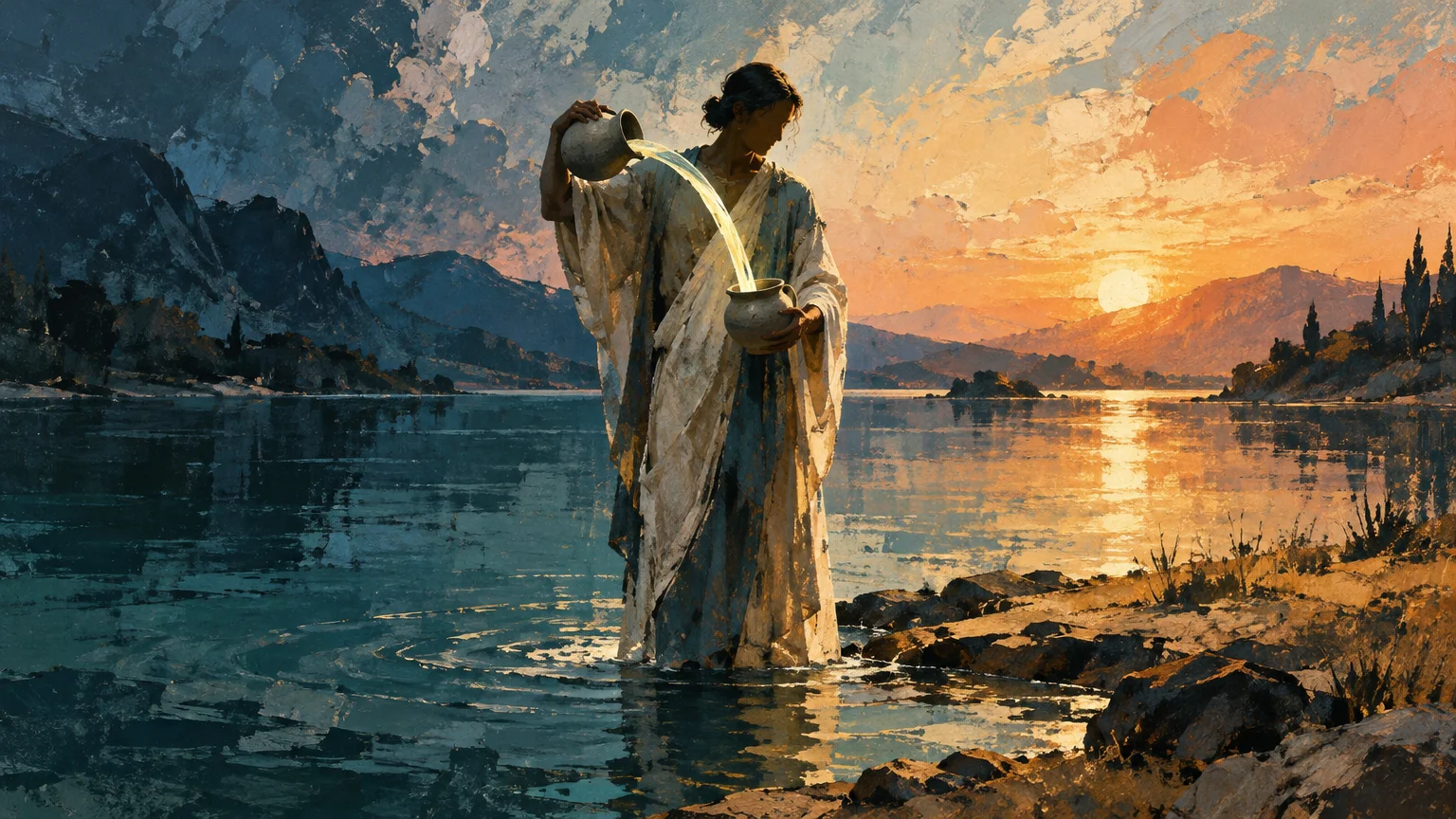 Textured painterly scene of a robed figure standing in a lake at sunset, pouring water from one clay vessel into another, with mountains and dark trees along the shore.