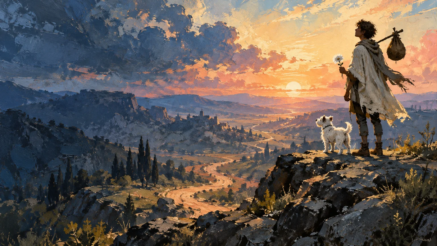 Painterly scene of a traveler holding a white flower and a stick with a bundle, standing with a small white dog on a rocky cliff above a winding valley at sunset.