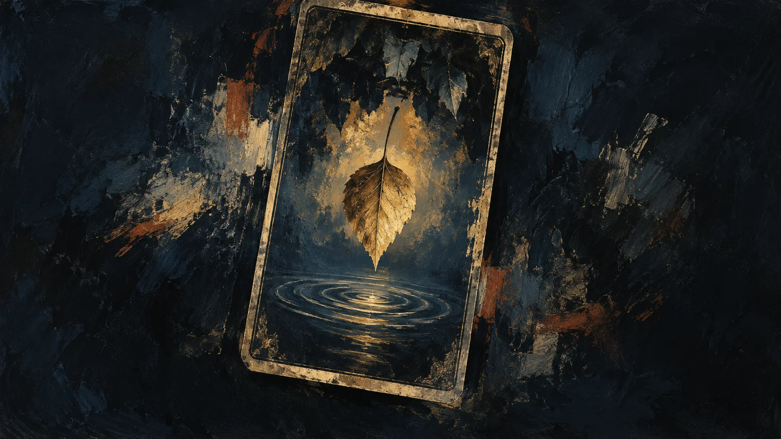 Dark textured painting of a worn, tilted card showing a golden leaf hanging above rippling water, with dark foliage and rough blue-black brushstrokes around it.